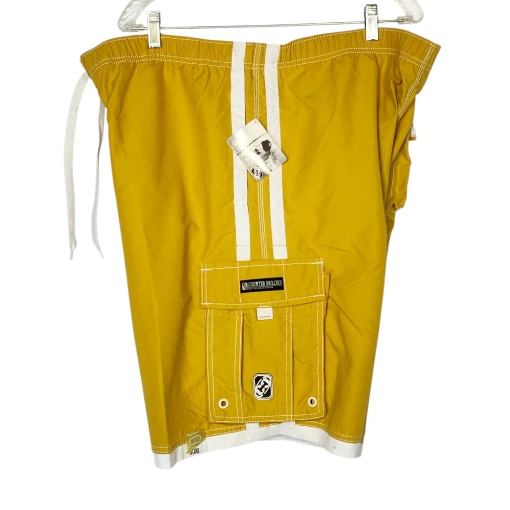 Counter Culture Mens 2XL Cargo Swim Trunks‎ Y2K Yellow Board Shorts NWT